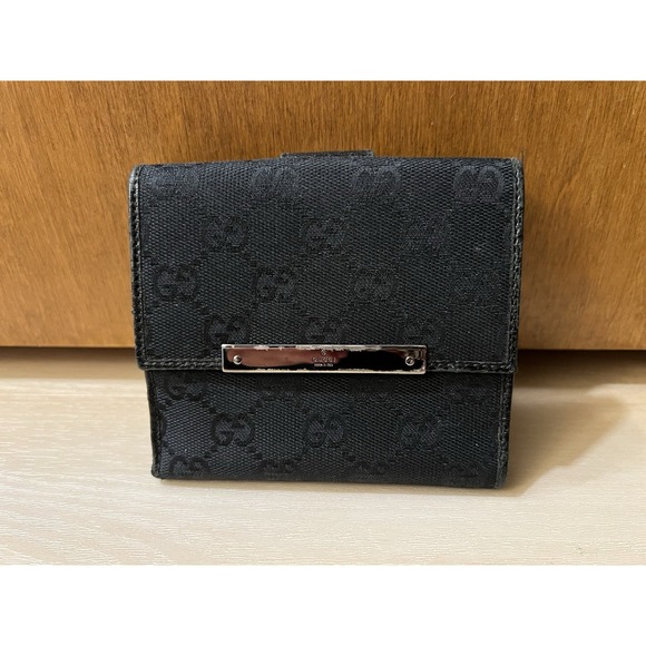 GUCCI GG Canvas Leather Compact Wallet Bifold Wallet Double Snap Button Black - Picture 1 of 9